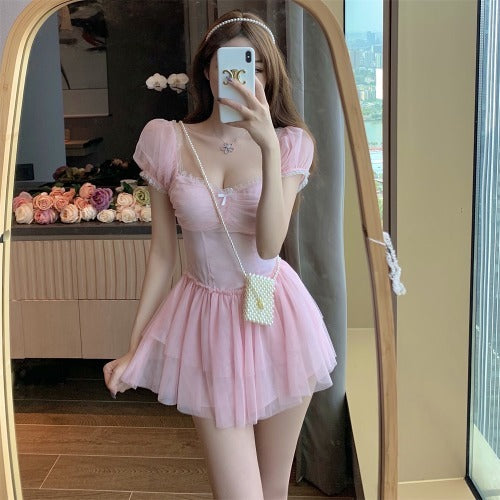 Net Yarn Sweet First Love Dress New Style Square Neck Waist A-line Skirt Sexy Short Skirt - ANIBEY