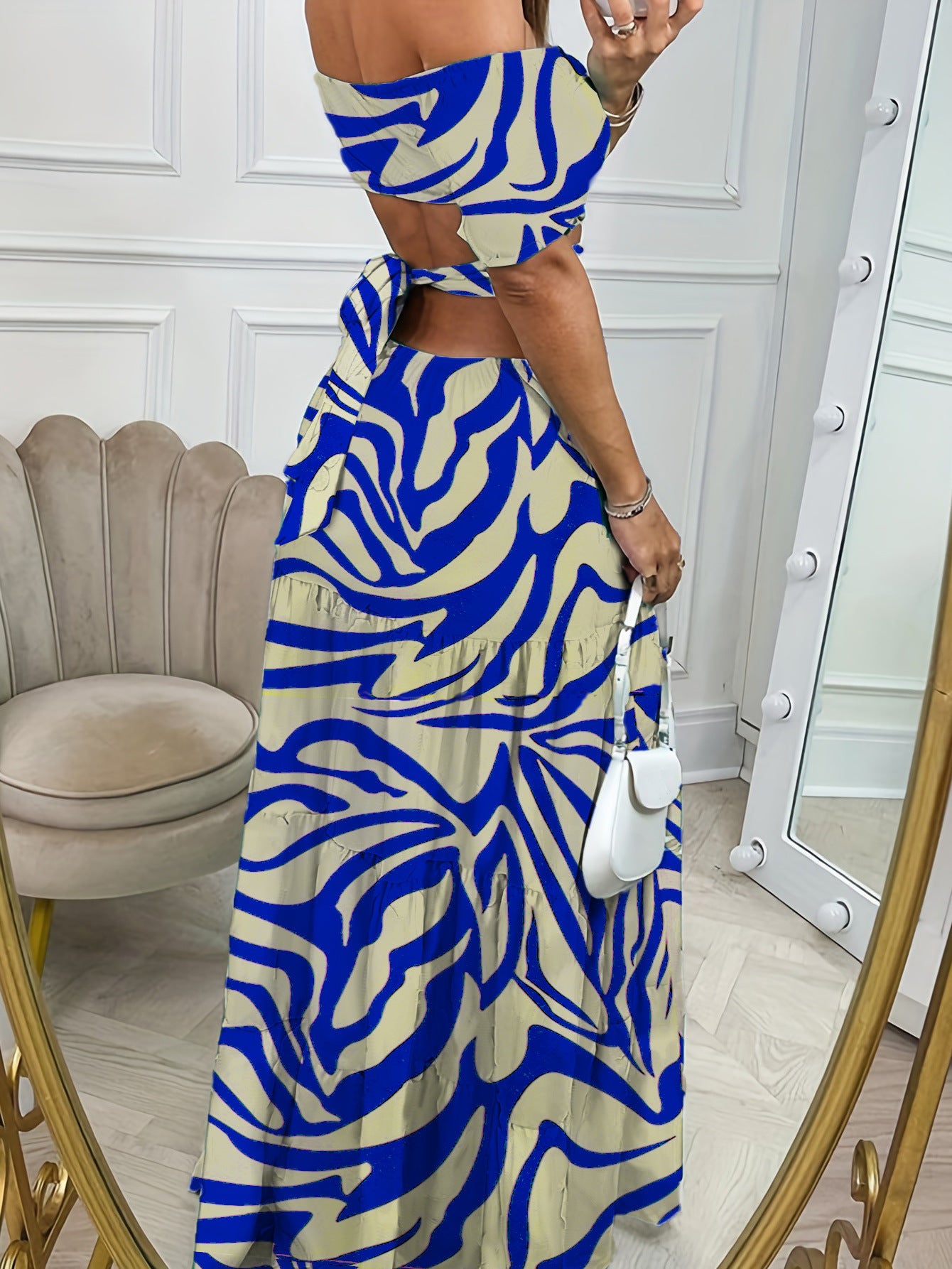 Printed One-line Collar Short-sleeved Long Dress With Hollow Waist Design Summer Vacation Dresses For Women Clothing - ANIBEY