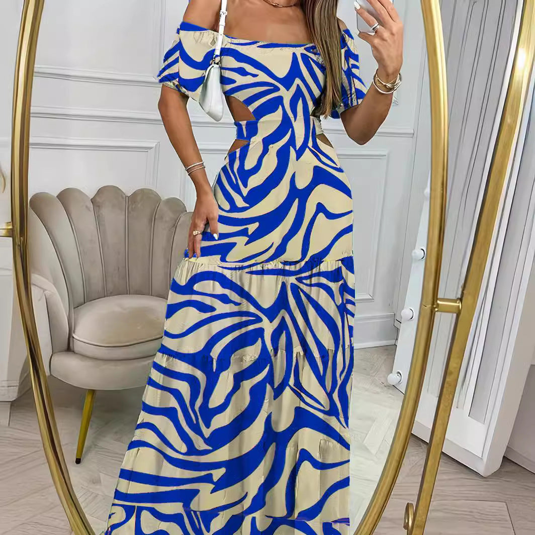 Printed One-line Collar Short-sleeved Long Dress With Hollow Waist Design Summer Vacation Dresses For Women Clothing - ANIBEY