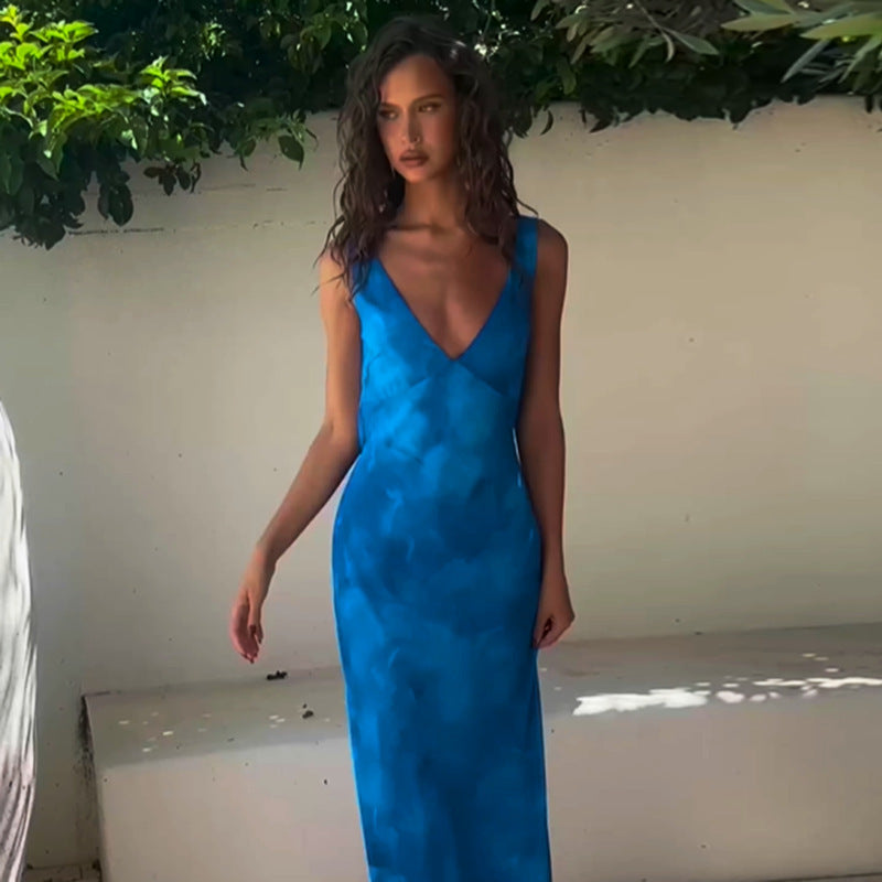 Sexy Backless Slim Fit Long V-neck Tie-dye Print Dress - ANIBEY