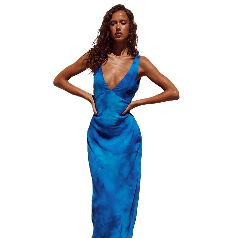 Sexy Backless Slim Fit Long V-neck Tie-dye Print Dress - ANIBEY