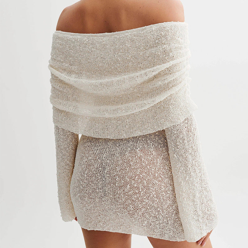 Skirt Knitted Hollow Chest Wrap Off-shoulder Dress - ANIBEY