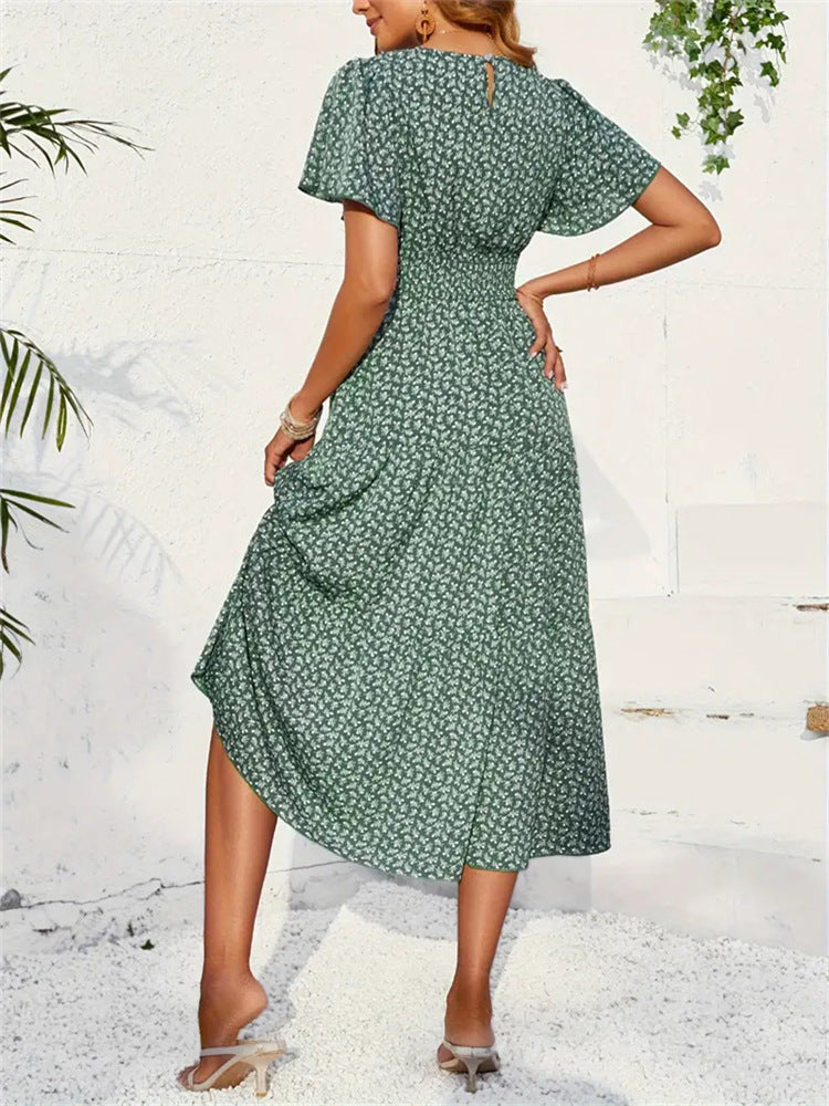 Women Lotus Sleeve Long Floral Dress - ANIBEY