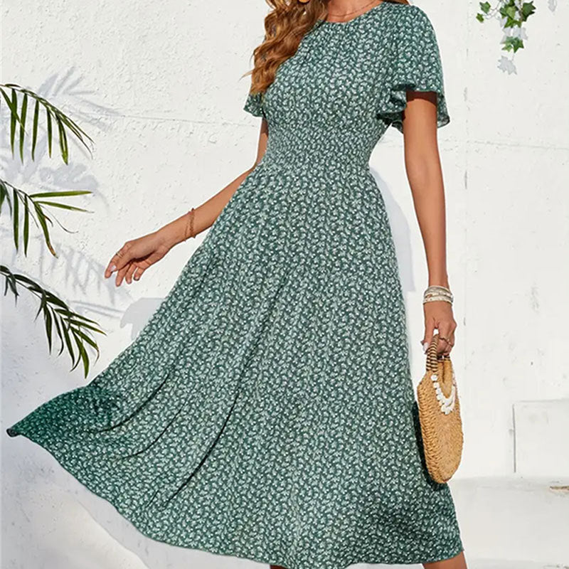 Women Lotus Sleeve Long Floral Dress - ANIBEY