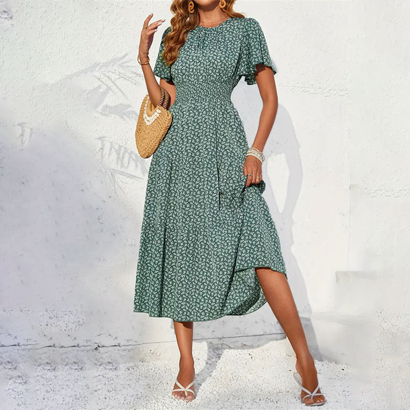 Women Lotus Sleeve Long Floral Dress - ANIBEY
