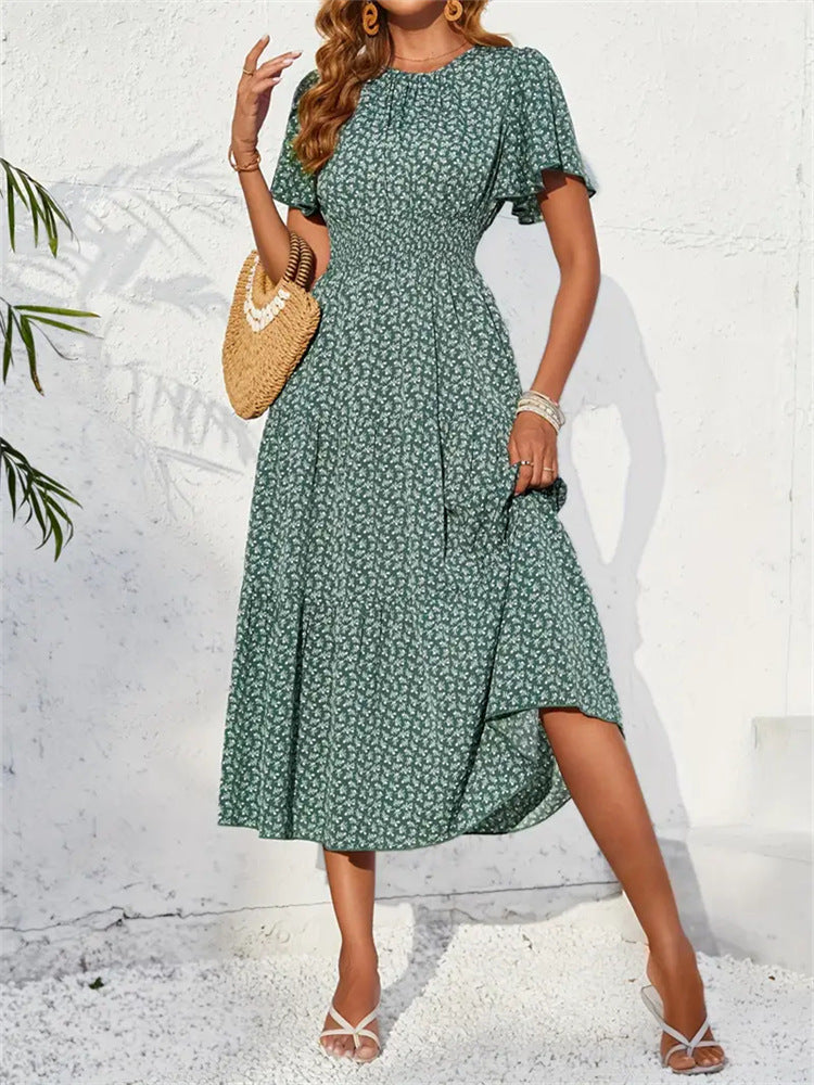 Women Lotus Sleeve Long Floral Dress - ANIBEY