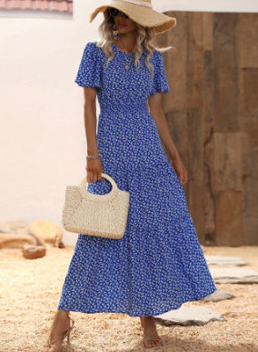 Women Lotus Sleeve Long Floral Dress - ANIBEY