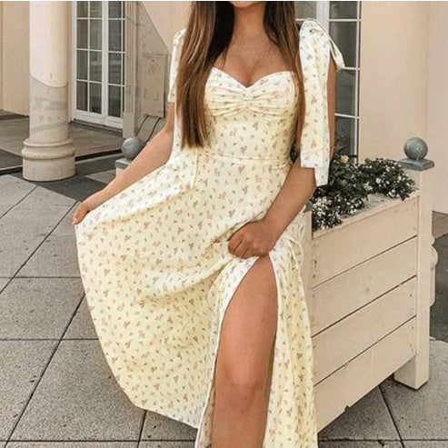Summer Floral Print Dress Women Sexy Party Long Dresses Puff Short Sleeve - ANIBEY