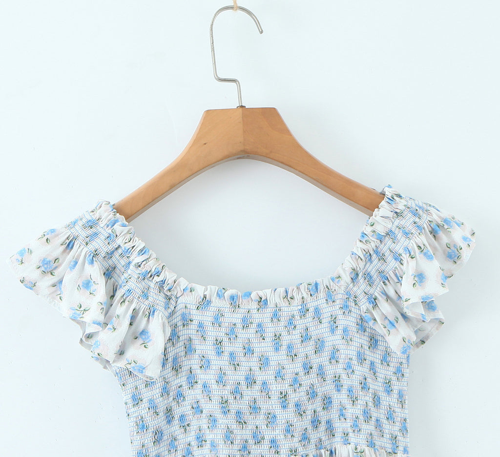 French Vacation Style Small Blue Flowers Elastic Loose Dress - ANIBEY