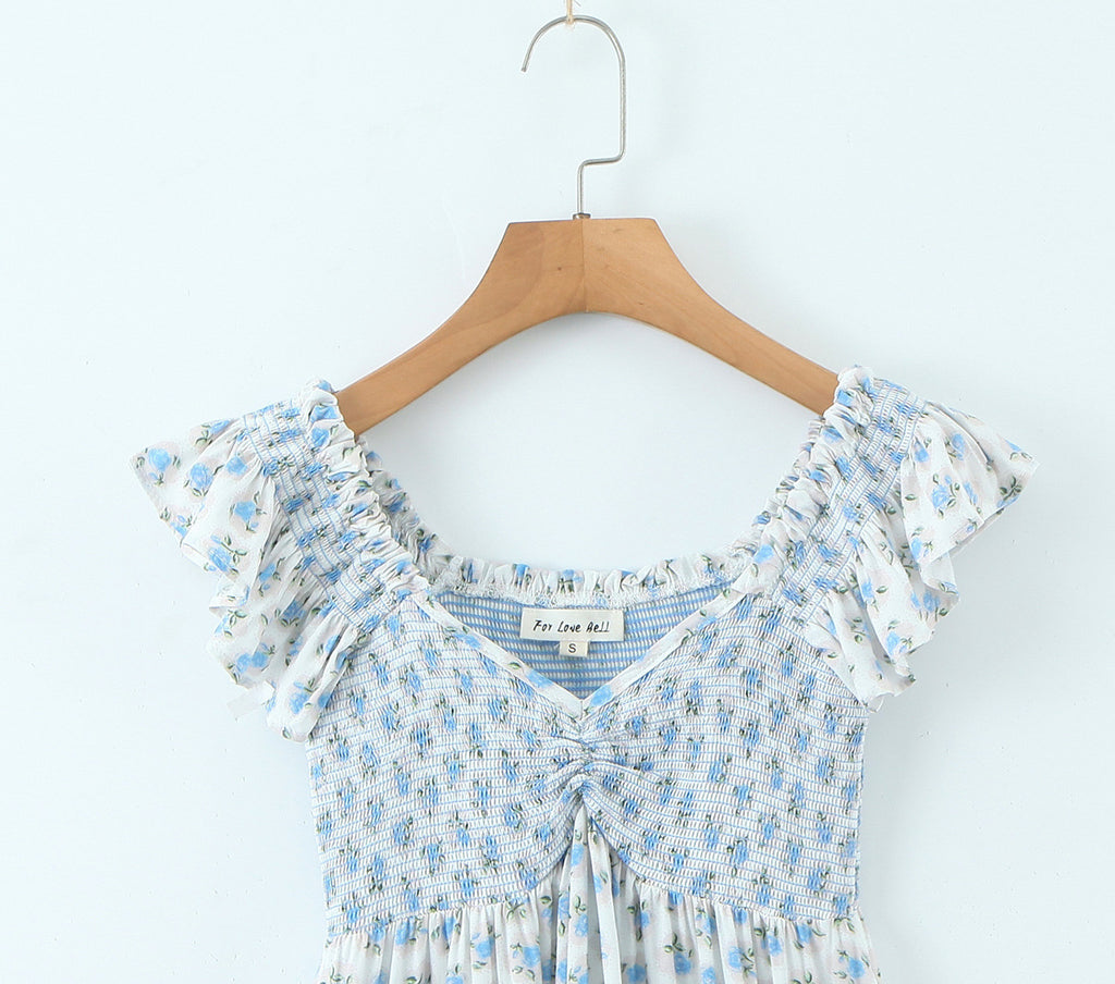 French Vacation Style Small Blue Flowers Elastic Loose Dress - ANIBEY