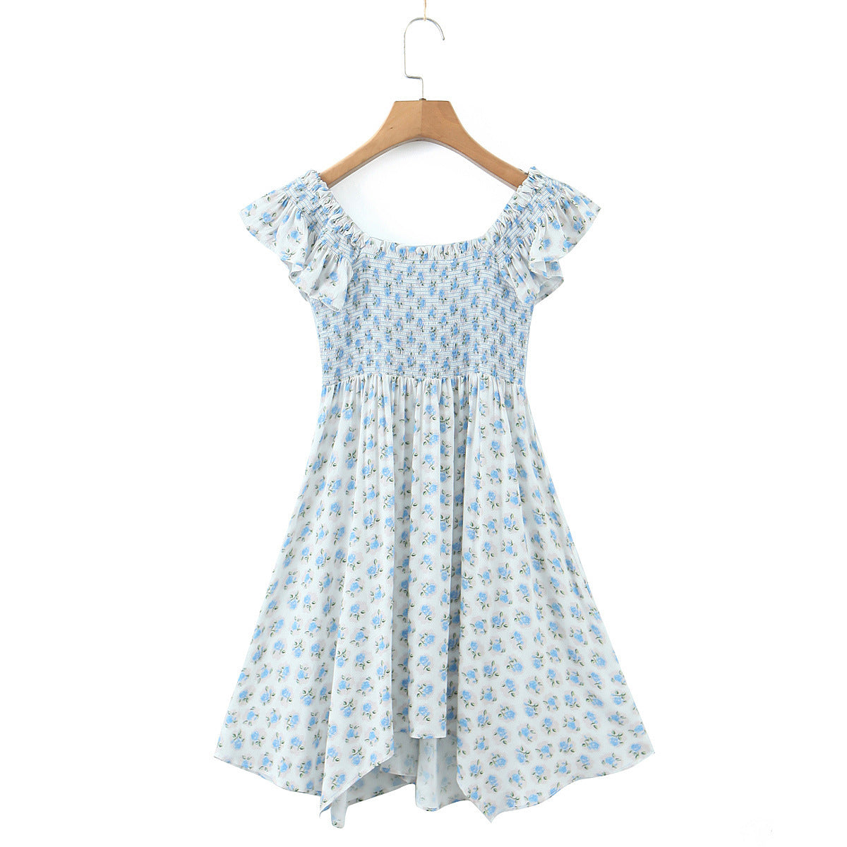 French Vacation Style Small Blue Flowers Elastic Loose Dress - ANIBEY