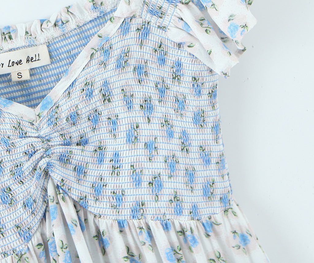 French Vacation Style Small Blue Flowers Elastic Loose Dress - ANIBEY