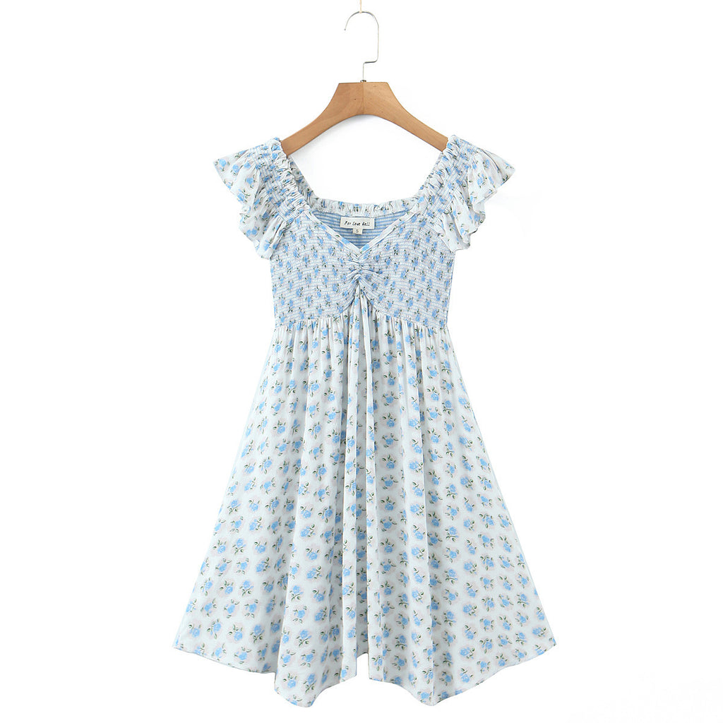 French Vacation Style Small Blue Flowers Elastic Loose Dress - ANIBEY