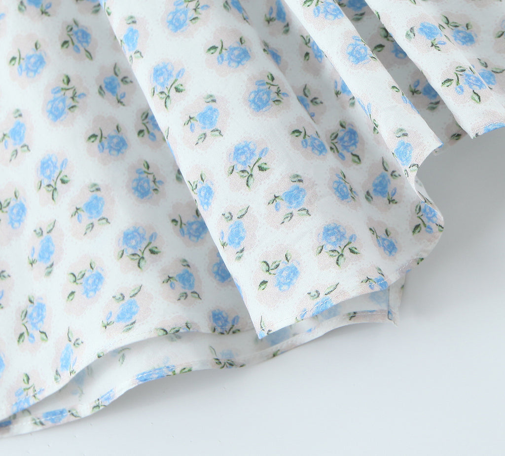 French Vacation Style Small Blue Flowers Elastic Loose Dress - ANIBEY