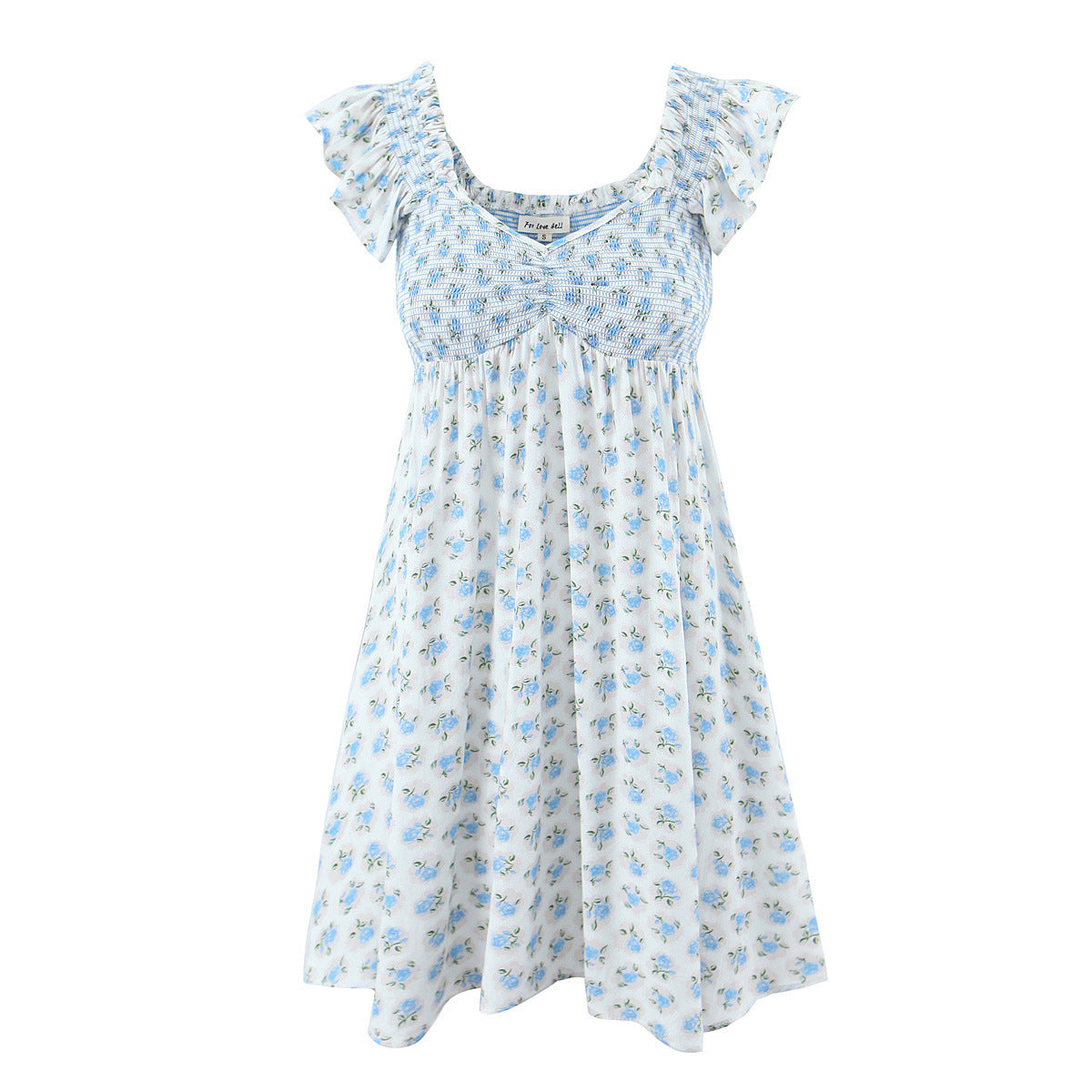French Vacation Style Small Blue Flowers Elastic Loose Dress - ANIBEY