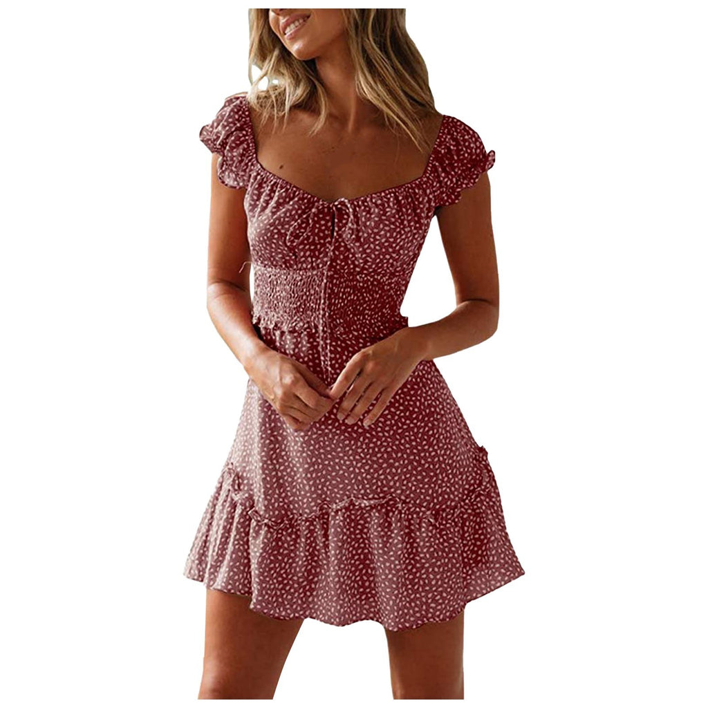 New Splicing Ruffled Floral Skirt Short-sleeved Printed U-Neck And High-Waisted Dress - ANIBEY