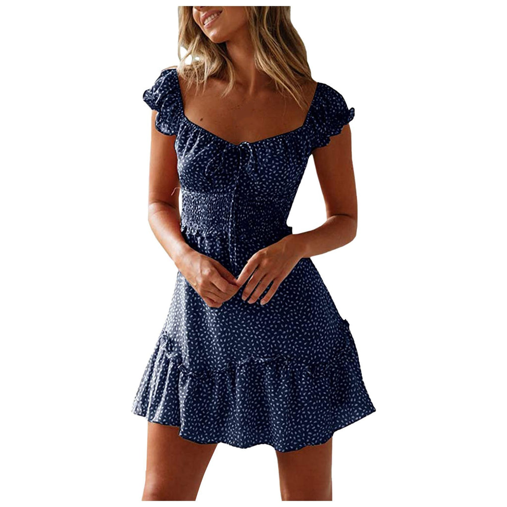 New Splicing Ruffled Floral Skirt Short-sleeved Printed U-Neck And High-Waisted Dress - ANIBEY