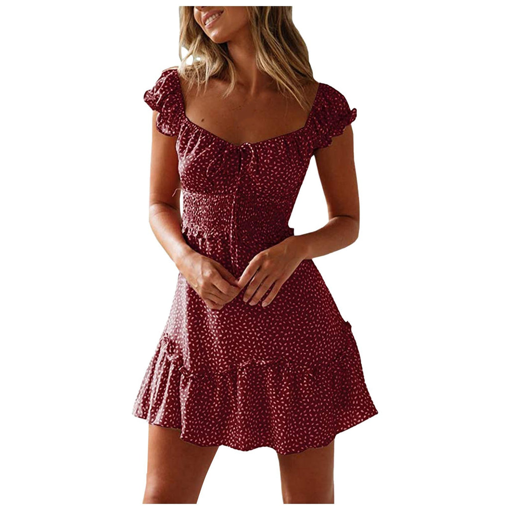 New Splicing Ruffled Floral Skirt Short-sleeved Printed U-Neck And High-Waisted Dress - ANIBEY