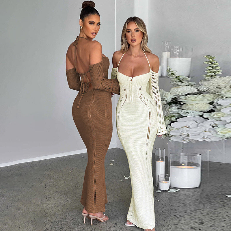 Backless Slim Fit Hollow Long Sleeve Dress - ANIBEY