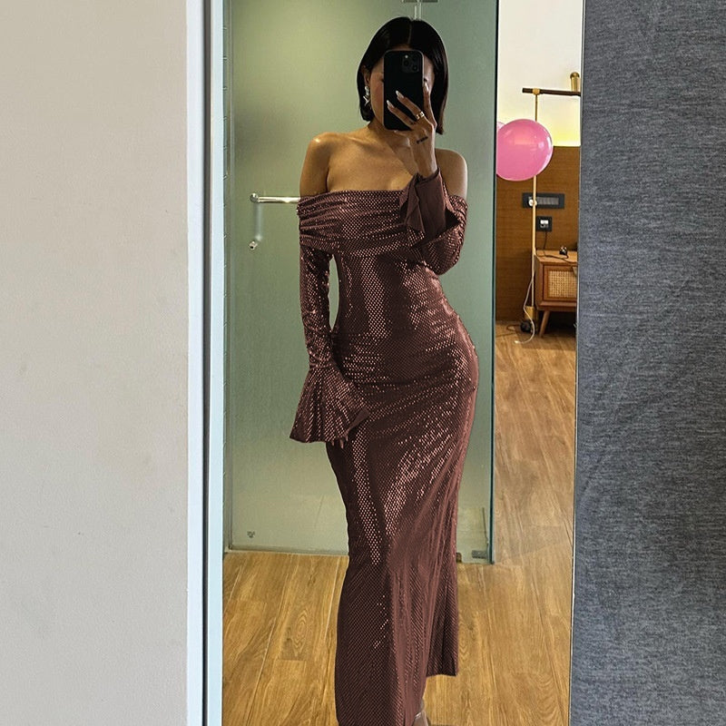 Fashion Style Temperament Panel Pressing Slim-fit Off-neck Dress - ANIBEY
