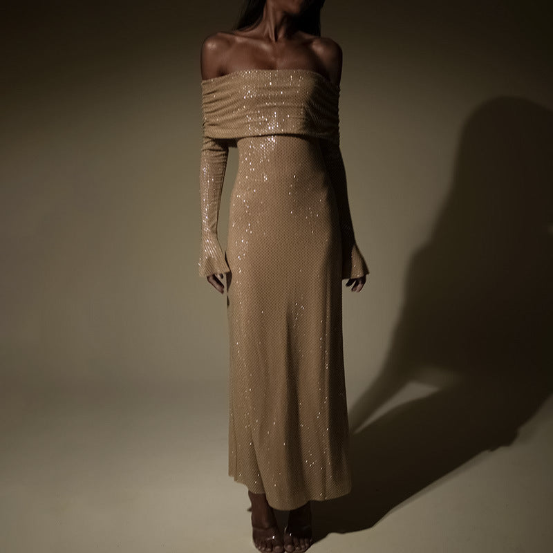Fashion Style Temperament Panel Pressing Slim-fit Off-neck Dress - ANIBEY