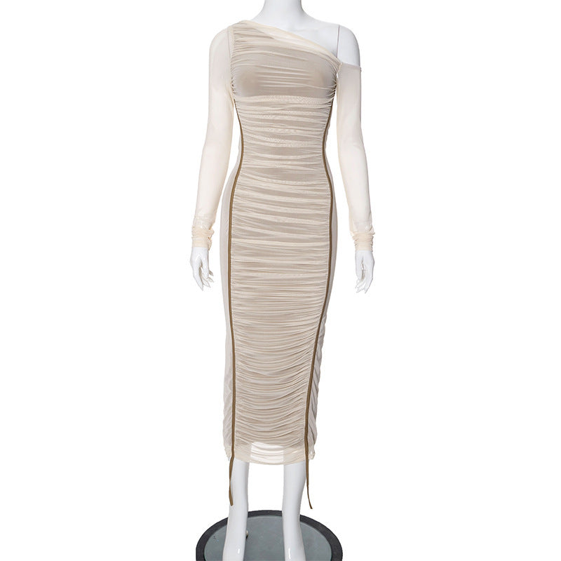 Summer Women's Diagonal Collar Long Sleeve High Waist Mesh Dress - ANIBEY