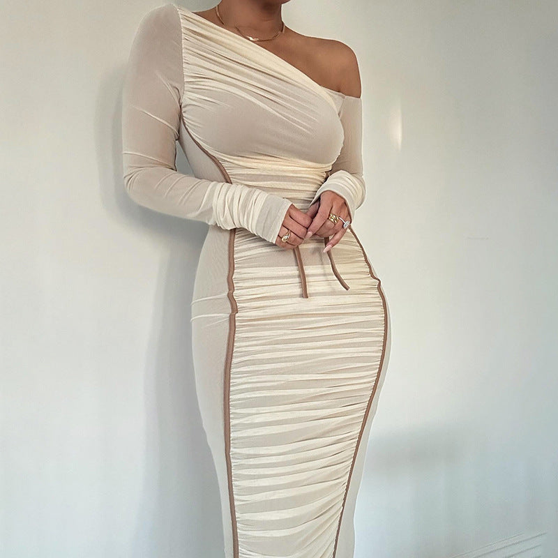 Summer Women's Diagonal Collar Long Sleeve High Waist Mesh Dress - ANIBEY