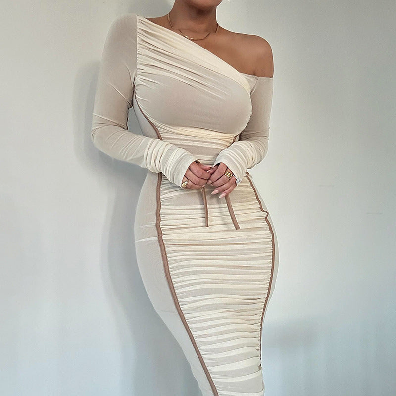 Summer Women's Diagonal Collar Long Sleeve High Waist Mesh Dress - ANIBEY