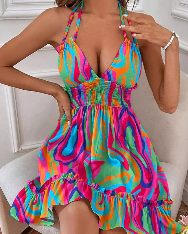 Selling Women's Clothes Deep V Strap Wooden Ear Shirring Backless Sexy Dress - ANIBEY