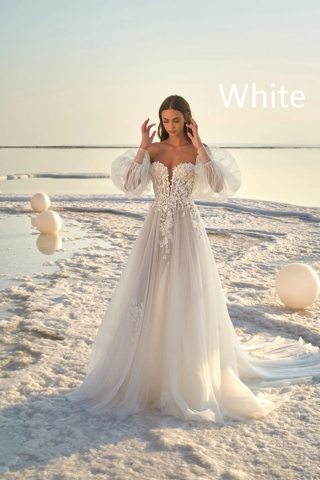 Women's Puff Sleeve Beach Wedding Dress - ANIBEY