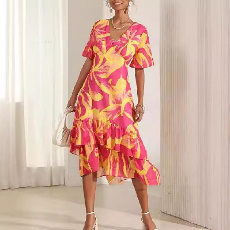 Women's Fashion Ruffles Printed Dress - ANIBEY