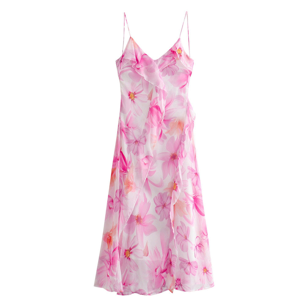 Summer Women's French Sweet Ruffled Flower Print Dress - ANIBEY