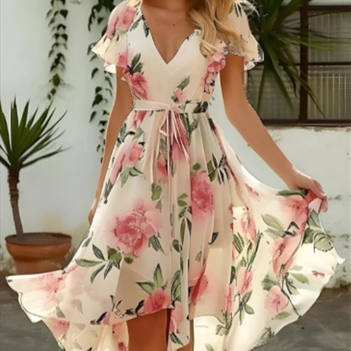 V-neck Mid-length Slim-fit Printed Dress - ANIBEY
