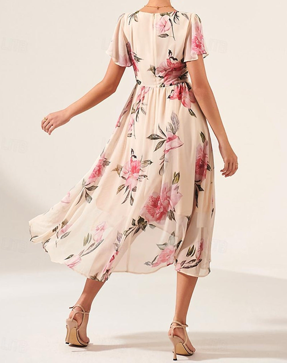 V-neck Mid-length Slim-fit Printed Dress - ANIBEY