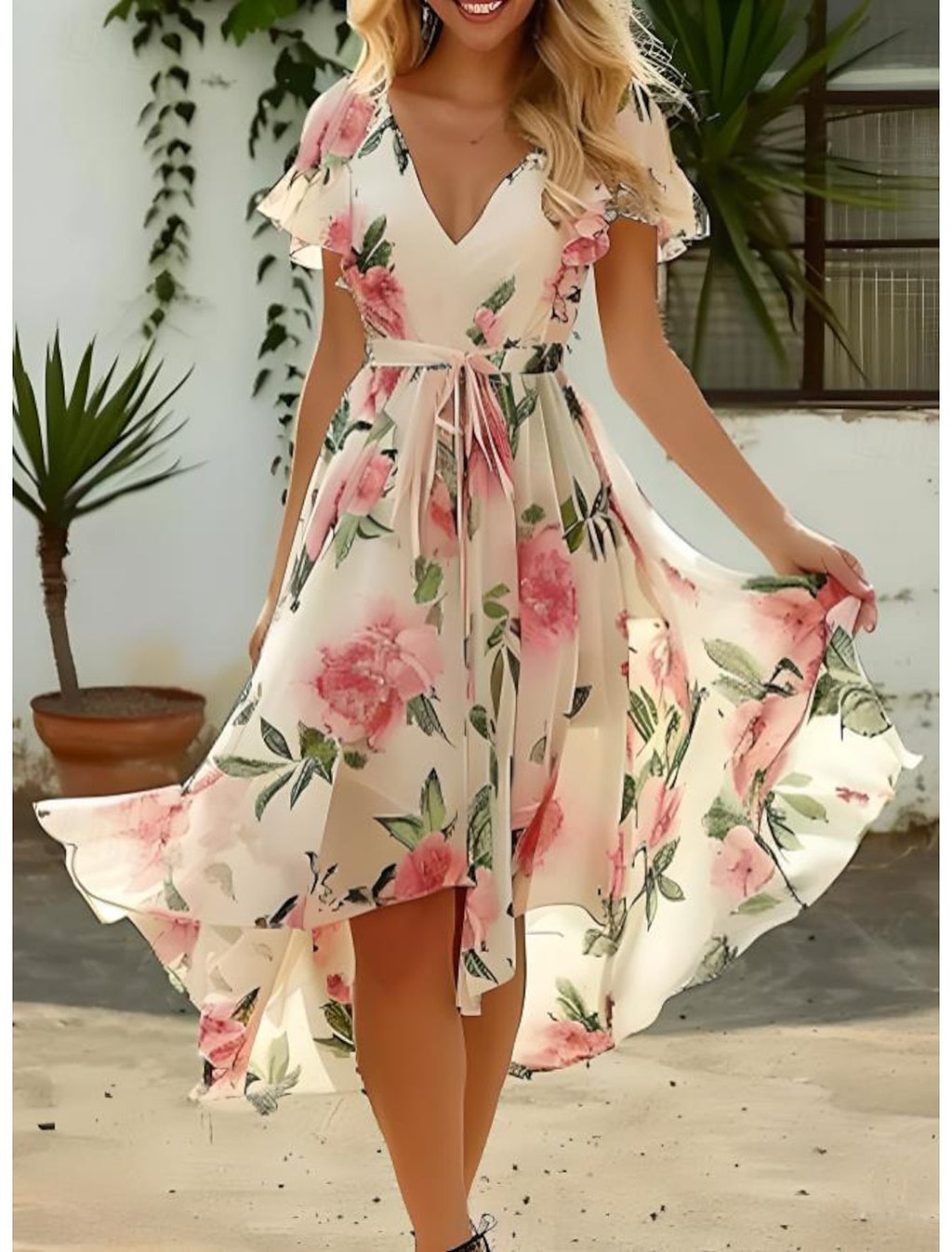 V-neck Mid-length Slim-fit Printed Dress - ANIBEY
