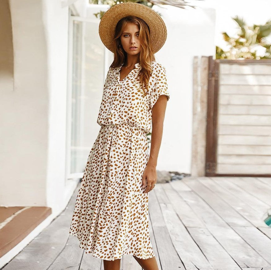 Short-sleeved lace casual elastic waist cotton floral dress - ANIBEY