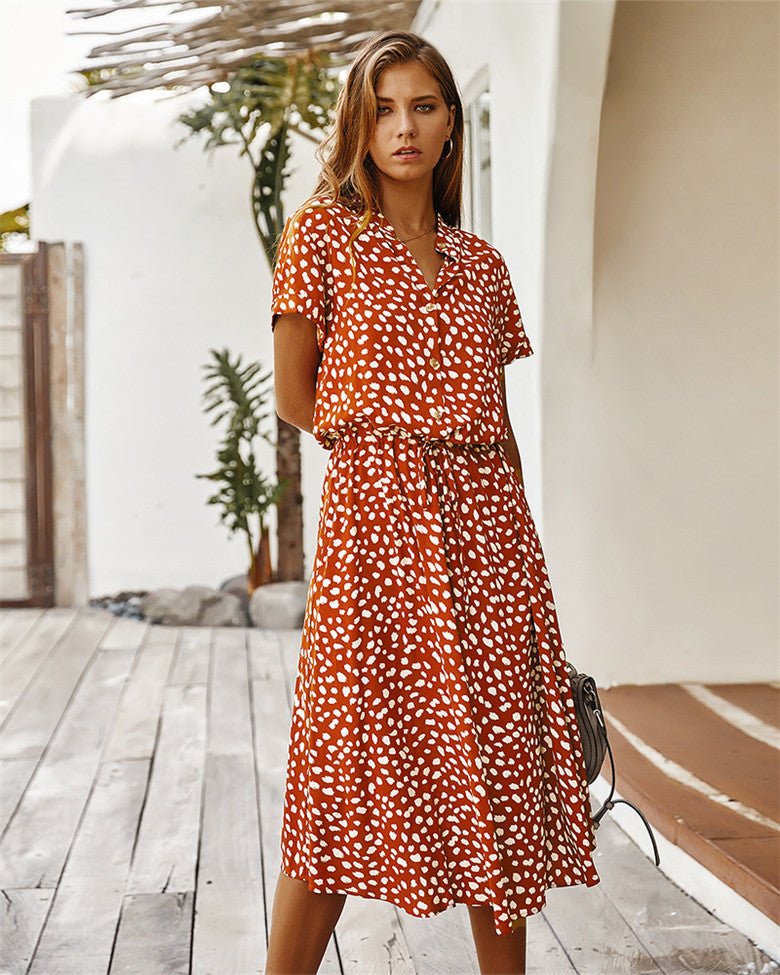 Short-sleeved lace casual elastic waist cotton floral dress - ANIBEY