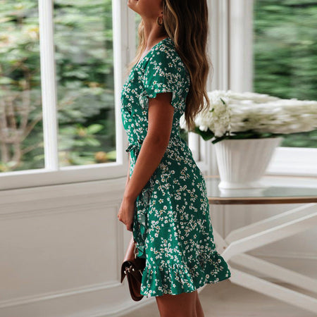 Printed V-neck Lace-up Chiffon Floral Dress - ANIBEY