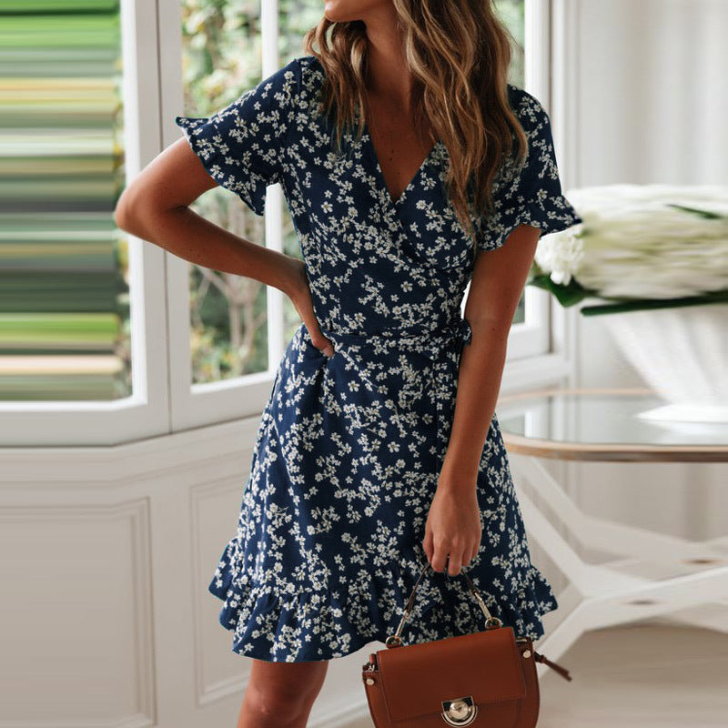 Printed V-neck Lace-up Chiffon Floral Dress - ANIBEY