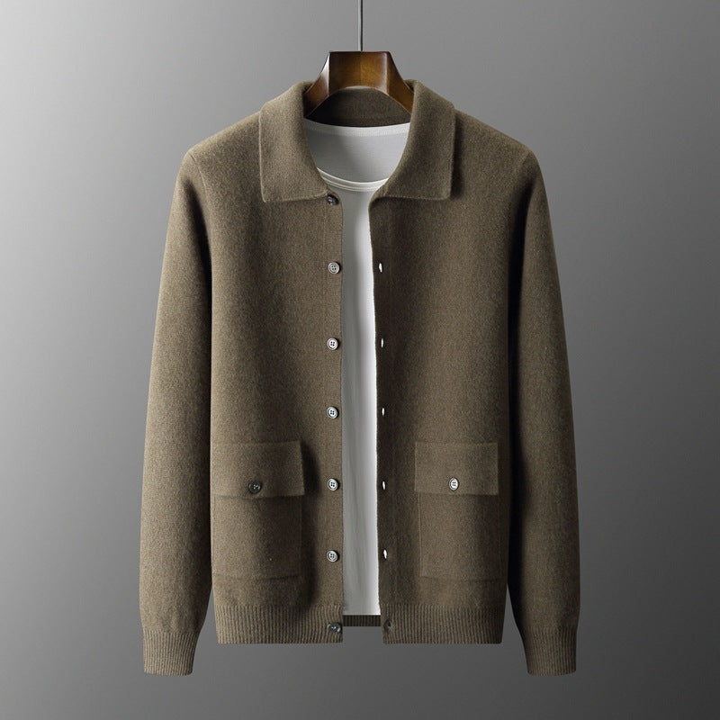 Men's Polo Collar Solid Color Wool Cardigan Sweater - ANIBEY