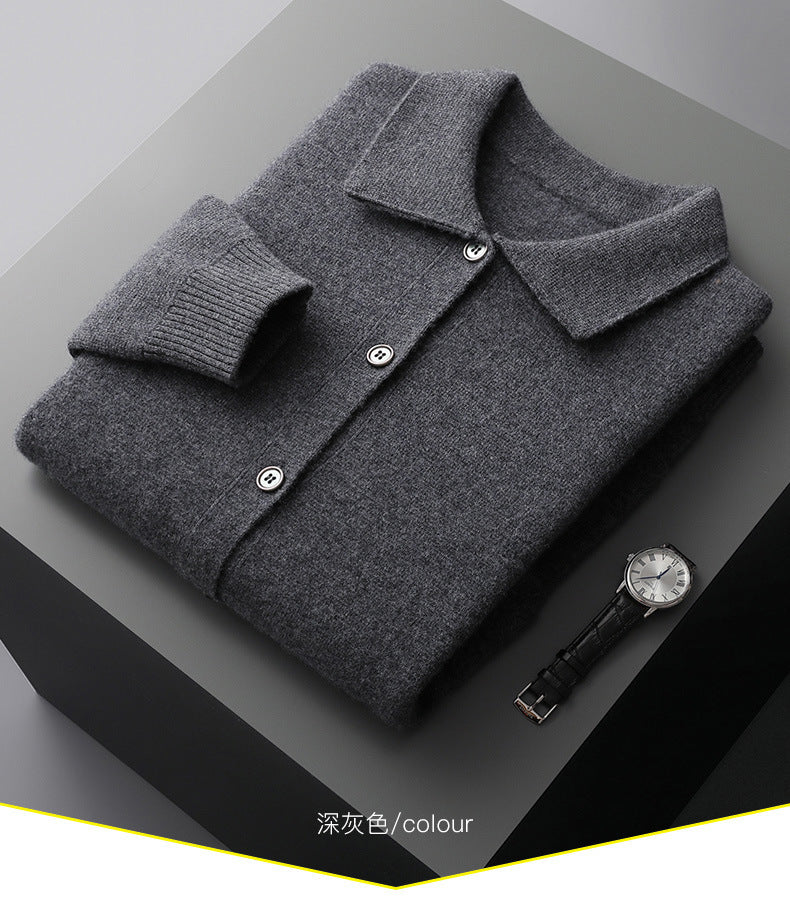 Men's Polo Collar Solid Color Wool Cardigan Sweater - ANIBEY