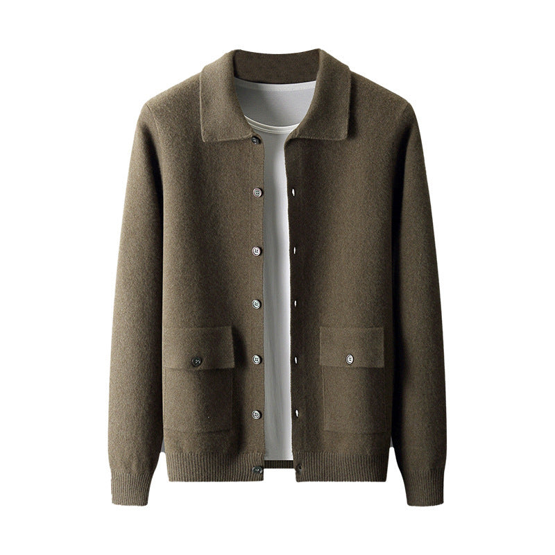 Men's Polo Collar Solid Color Wool Cardigan Sweater - ANIBEY