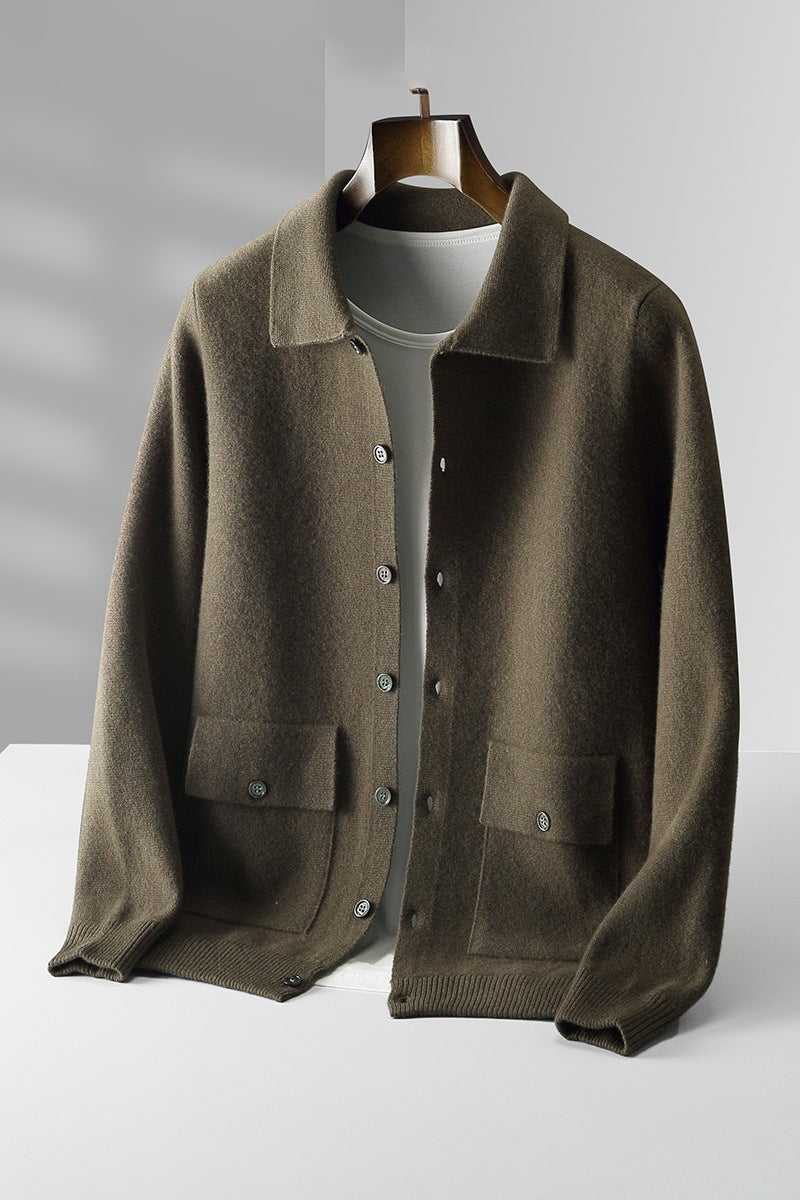 Men's Polo Collar Solid Color Wool Cardigan Sweater - ANIBEY