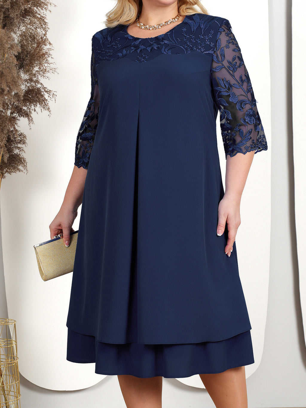 Women's Embroidered Chiffon Patchwork Round Neck Half-length Sleeve Dress - ANIBEY