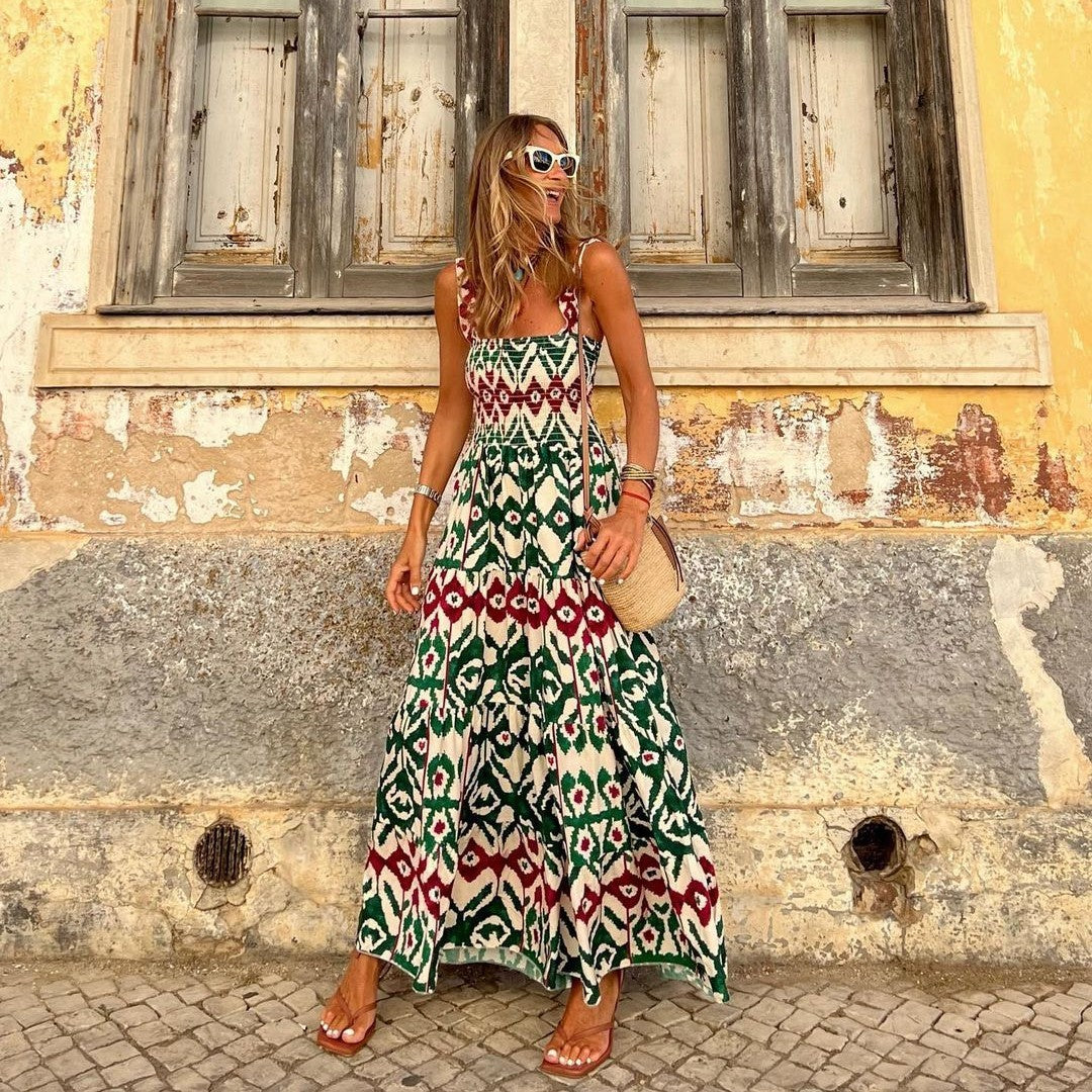 New Printed Suspender Large Swing Floor Dress For Women - ANIBEY