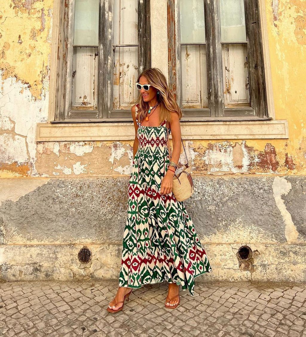 New Printed Suspender Large Swing Floor Dress For Women - ANIBEY