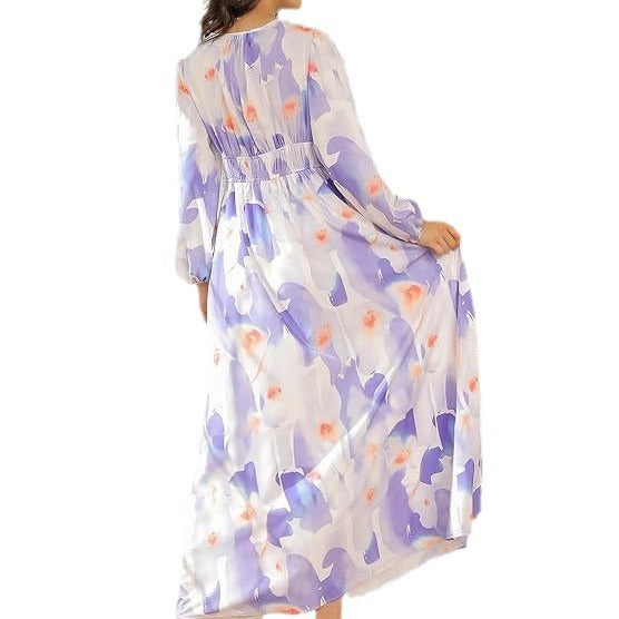 Spring NEW Long Casual Long Sleeve V-neck Printed Beach Long Flowy Dress - ANIBEY