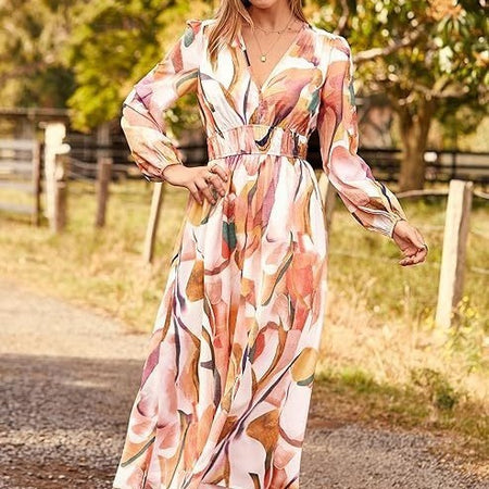 Spring NEW Long Casual Long Sleeve V-neck Printed Beach Long Flowy Dress - ANIBEY