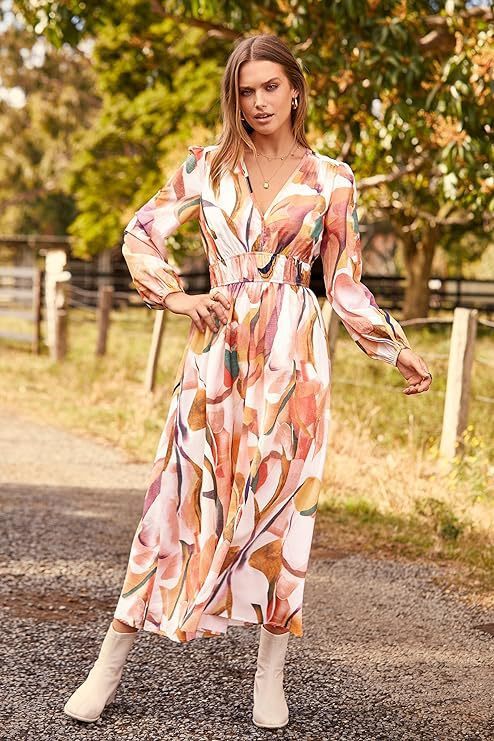 Spring NEW Long Casual Long Sleeve V-neck Printed Beach Long Flowy Dress - ANIBEY