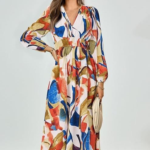 Spring NEW Long Casual Long Sleeve V-neck Printed Beach Long Flowy Dress - ANIBEY